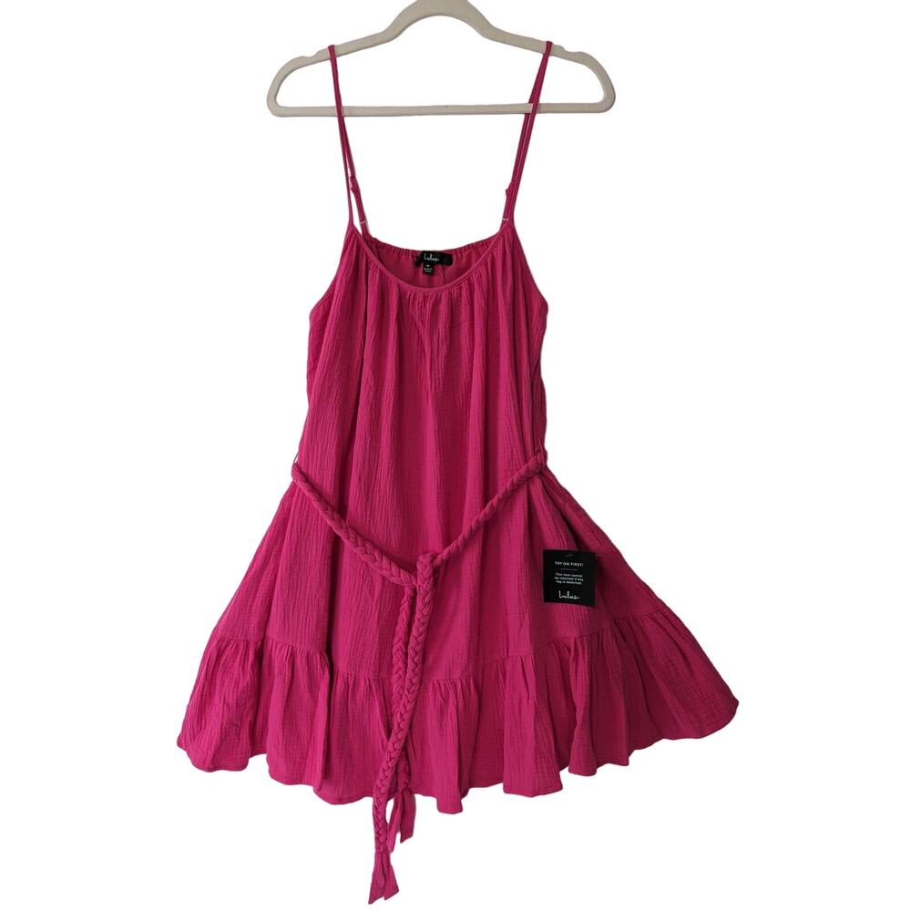 Lulus Cinched It‎ Magenta Ruffled Belted Shift Mini Dress Size Medium Pink New - Picture 2 of 9